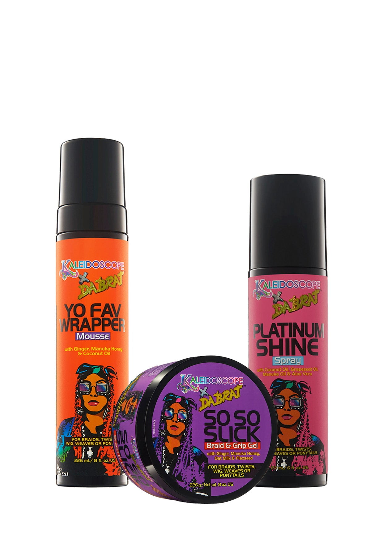 Kaleidoscope x Da Brat Collection Slick & Set Bundle [Yo Fav Wrapper Mousse 8oz / So So Slick Braid & Grip Gel 8oz / Platinum Shine Spray 6oz] * BEAUTY TALK LA *