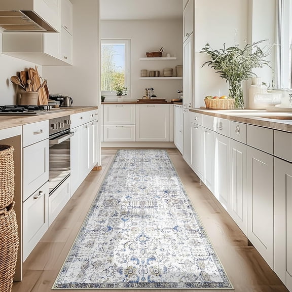 Kalen Runner Rug 3x10 Washable Hallway Rug Vintage Indoor Thin Retro Floor Cover Floral Country Lightweight Non Slip Carpet for Entryway Bathroom Kitchen Bedroom Living Room Stairway Blue