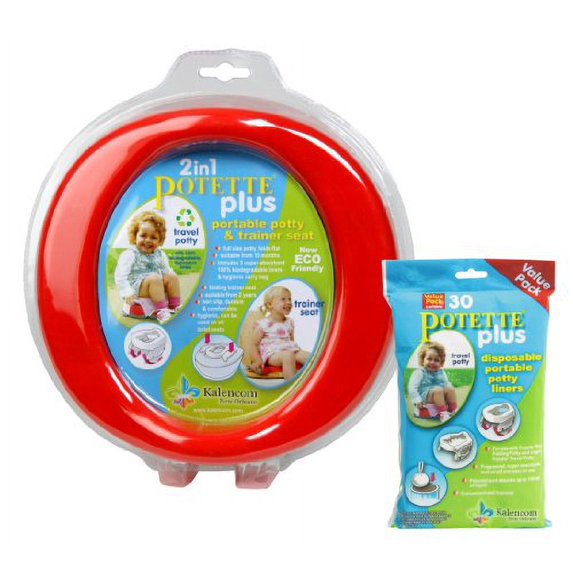 Kalencom 2 in 1 Potette Plus Portable Potty-Toilet Training Seat with 30 Potty Liners Set (Red)