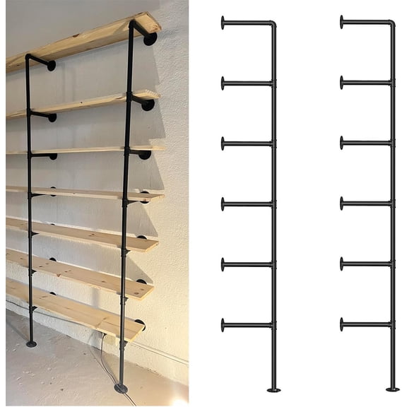 Kaler Industrial Iron Pipe Wall Shelf Brackets, 6-Tier 80 Tall DIY Floating Shelving, Black Farmhouse Vintage Pipe Shelves for Kitchen, Bathroom, Living Room & Office (Hardware Only)