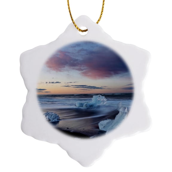 3drose, Kalfafellsstadur, Iceland 2. Glacial Ice in Surf Along Diamond Beach., 3 inch Snowflake Porcelain Ornament