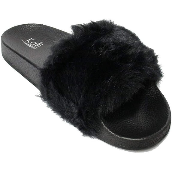 Kali Footwear Women's Flip Flop Faux Fur Soft Slide Flat Slipper Limit (8.5, Black)