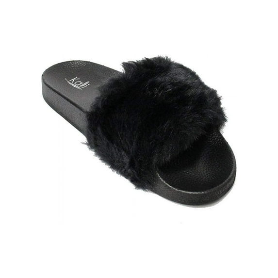 Kali Footwear Womens Flip Flop Faux Fur Soft Slide Flat Slipper Limit(Black, 6)