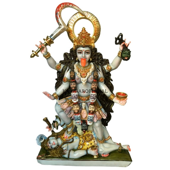 Kali Statue Standing on Shiva - Large 27 inches Mahakali Idol - Hindu Religious Goddess Maa Kali Marble Murti - Indian goddess of death & Karma - Handpainted Skull Woman Empowerment Gifts Sculpture