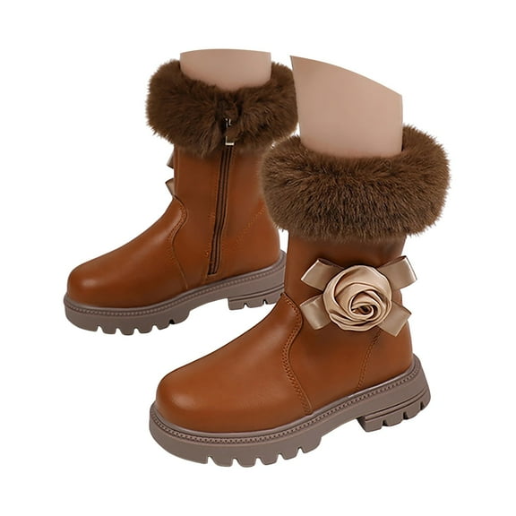 Kali_Store Snow Boots for Girls Winter Boots Thick Bottom Non Slip Warm Ankle Boots Toddler Winter Shoes(Brown Size,2 Big Kids)