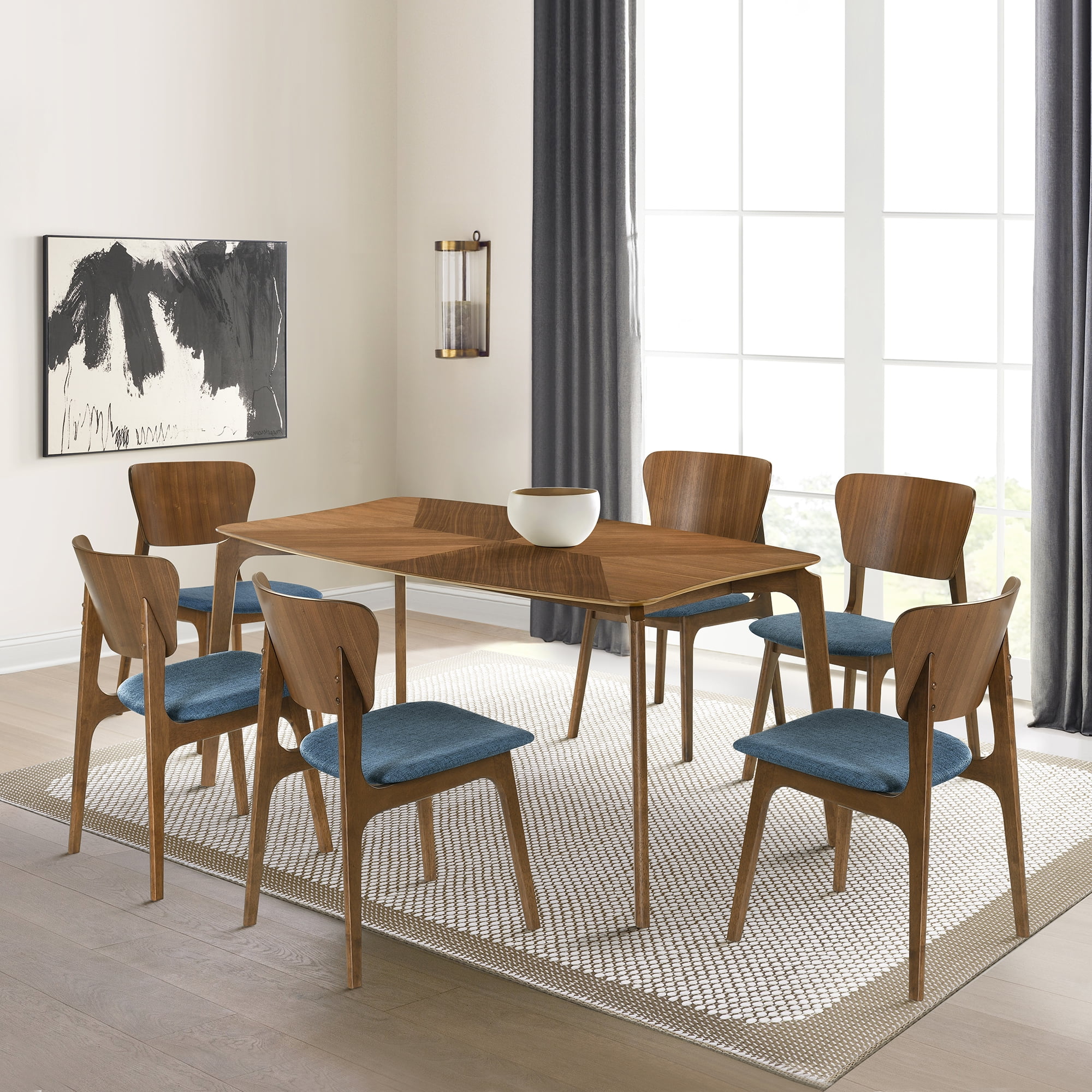 Kalia Wood Dining Chair in Walnut Finish with Blue Fabric - Set of 6