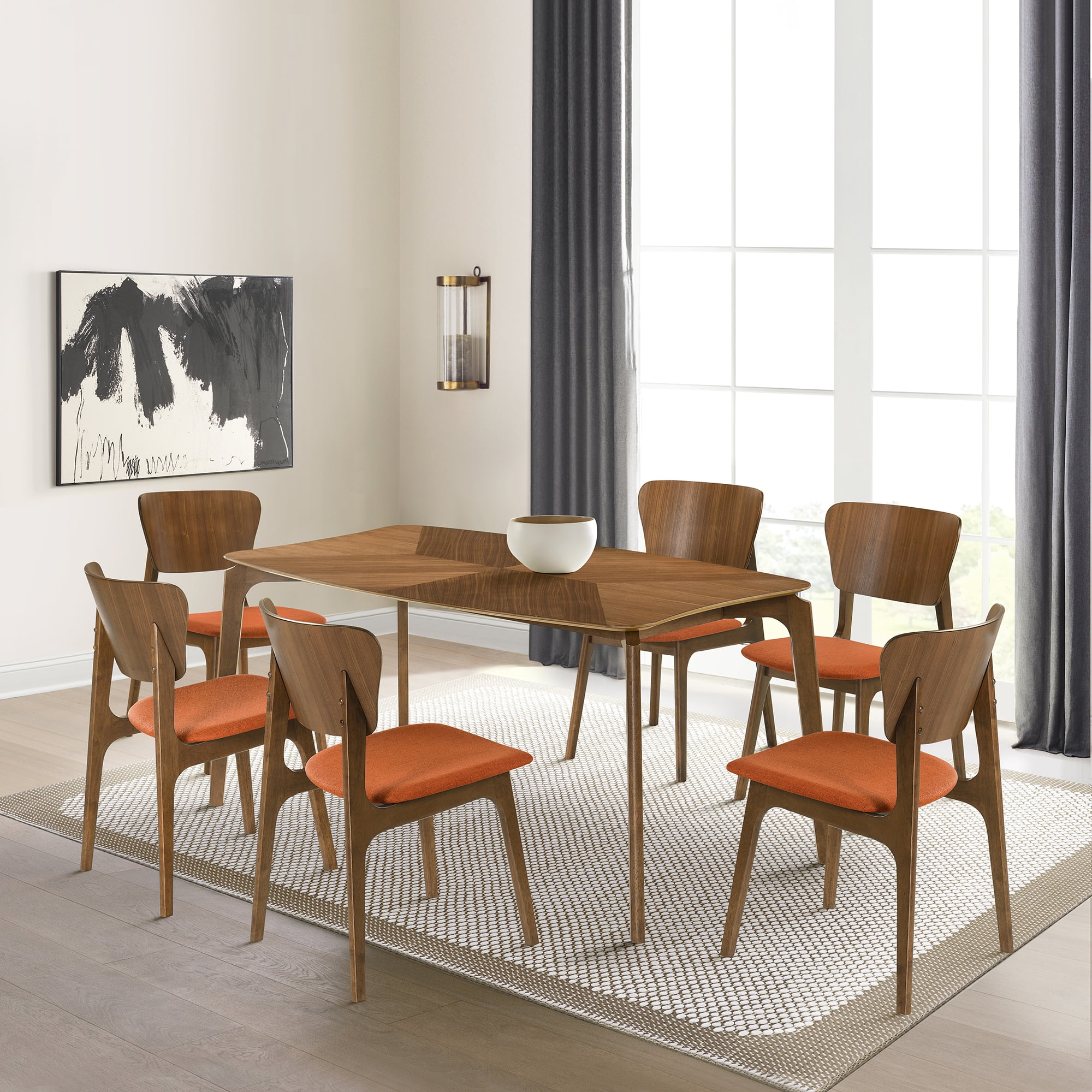 Kalia Wood Dining Chair in Walnut Finish with Orange Fabric - Set of 6