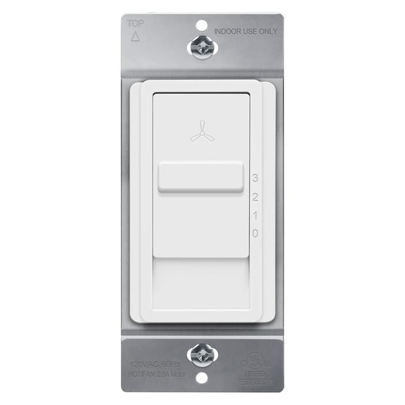 Kalide Fan Speed Control Switch, 3-Speed Fan Wall Switch, Single Pole, 120VAC, 60Hz, 2.5A, Neutral Wire Not Required, TGFS3-W, White