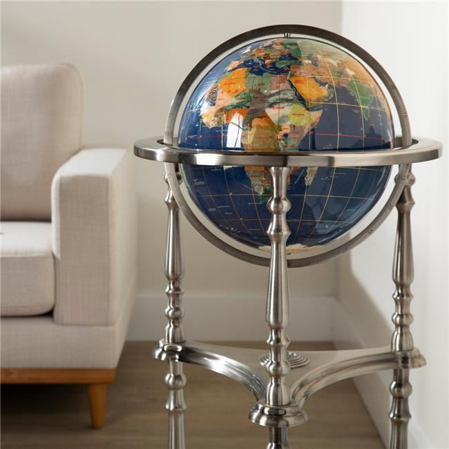 37" Tall Gemstone Globe with Lapis Ocean and Antique Silver Stand