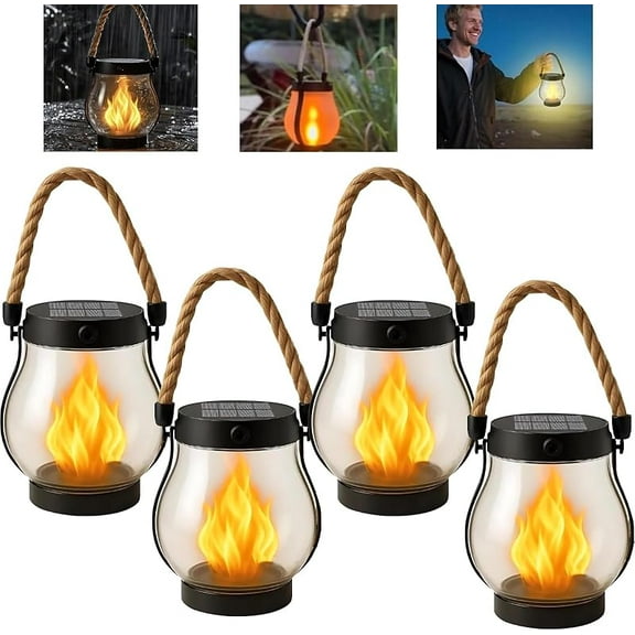 Kaliqo Solar Lantern Outdoor Lights, Flickering Dancing Flame LED Hanging Lantern, Waterproof Solar Powered with Hemp Rope, Dual Charging Modes for Patio, Garden, Porch, Yard, Camping Decor(4pcs)