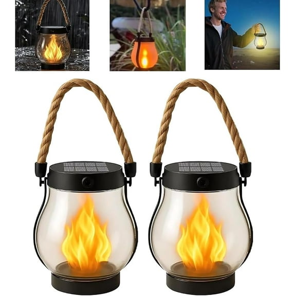 Kaliqo Solar Lantern Outdoor Lights, Flickering Dancing Flame LED Hanging Lantern, Waterproof Solar Powered with Hemp Rope, Dual Charging Modes for Patio, Garden, Porch, Yard, Camping Decor(4pcs)