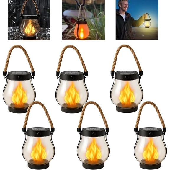 Kaliqo Solar Lantern Outdoor Lights, Flickering Dancing Flame LED Hanging Lantern, Waterproof Solar Powered with Hemp Rope, Dual Charging Modes for Patio, Garden, Porch, Yard, Camping Decor(4pcs)