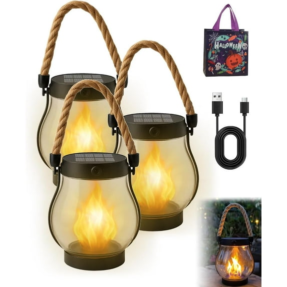 Kaliqo Solar Lantern Outdoor Lights - Official, Waterproof Solar Flame Lights Hangable with Dancing Flame, Hemp Rope Hanging Flame Lanterns,Dual Charging Modes, Smokeless (3pcs)
