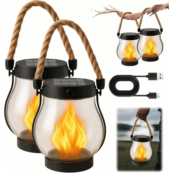 Kaliqo Solar Lantern Outdoor Lights Solar Lantern Waterproof Flickering Flame Hanging Lanterns for Patio Yard Garden Decor