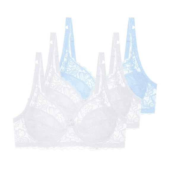 Kaliqueen 3pc Women's Floral Lace Bra Underwire Mesh Full Coverage Underwear Solid Color Plus Size Push Up comfy Breathable Bra