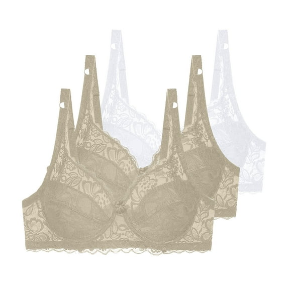 Kaliqueen 3pc Women's Floral Lace Bra Underwire Mesh Full Coverage Underwear Solid Color Plus Size Push Up comfy Breathable Bra