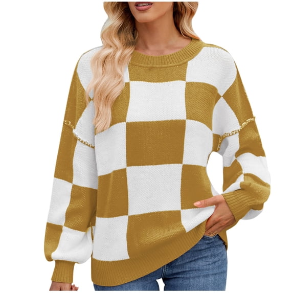 Kaliqueen Checkered Color Block Sweaters for Women Batwing Long Sleeve Crewneck Oversized Ribbed Knit Pullover Tops Casual 2025 Fall Winter Trendy Office Outfits