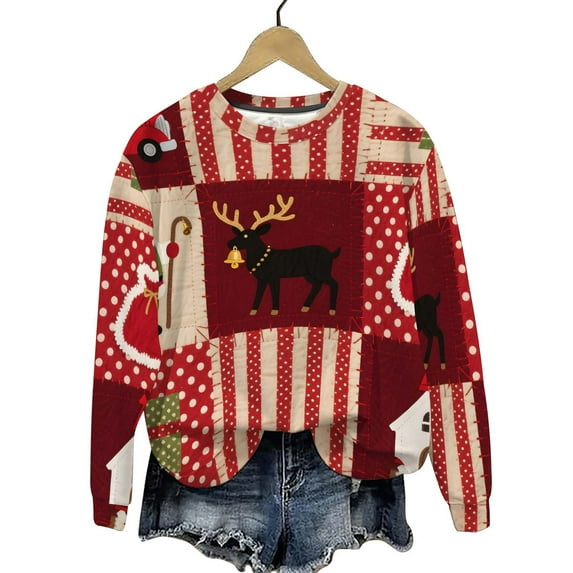 Kaliqueen Christmas Sweatshirts for Women Xmas Print Color-Blocked Crew Neck Sweatshirts Long Sleeve Casual Pullover Tops