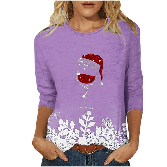Kaliqueen Crew Neck 3/4 Length Sleeve Womens Tops Xmas Cute Red Wine Glass Print Plus Size Girls Shirts Trendy Casual Loose Fit Pullover