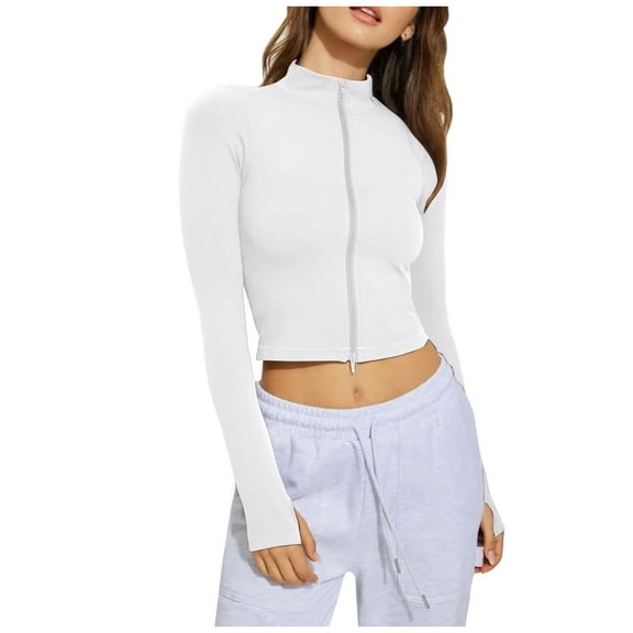 Kaliqueen Cropped Jackets for Women Hoodless Cardigan Full Zip Up Tops Crew Neck Long Sleeve Lightweight Slim Fit Trendy Casual Jackets