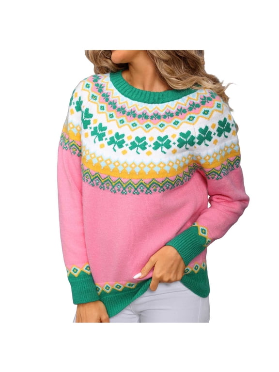 Fair Isle Sweaters for Women Vintage Fall Winter Casual Oversized Knitted Pullover Colorful Crew Neck Long Sleeve Graphic Print Jumper Tops
