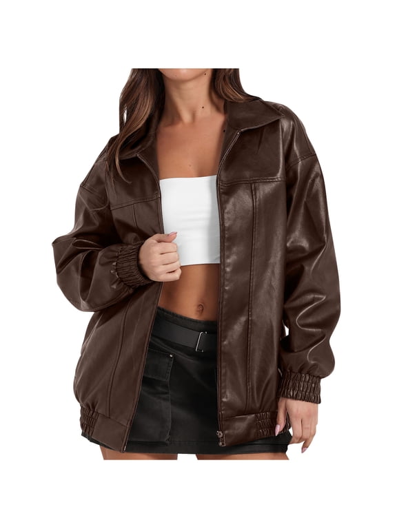 Faux Leather Jacket Women Casual Fashion Zip-Up Lapel Slim Coat Solid Color Long Sleeve Motorcycle Jacket