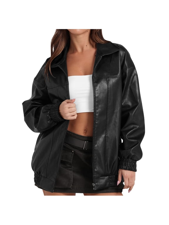 Faux Leather Jacket Women Casual Fashion Zip-Up Lapel Slim Coat Solid Color Long Sleeve Motorcycle Jacket
