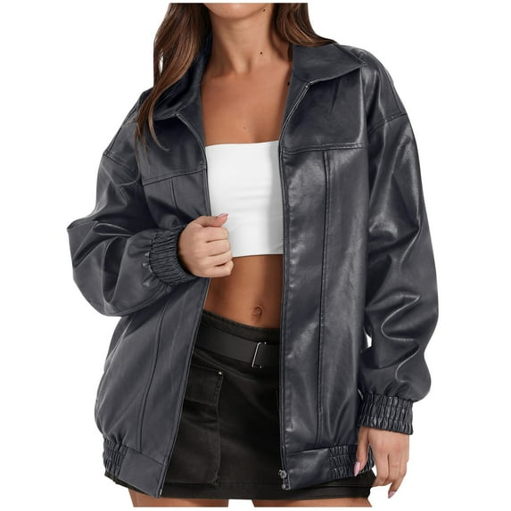 Kaliqueen Faux Leather Jacket Women Casual Fashion Zip-Up Lapel Slim Coat Solid Color Long Sleeve Motorcycle Jacket