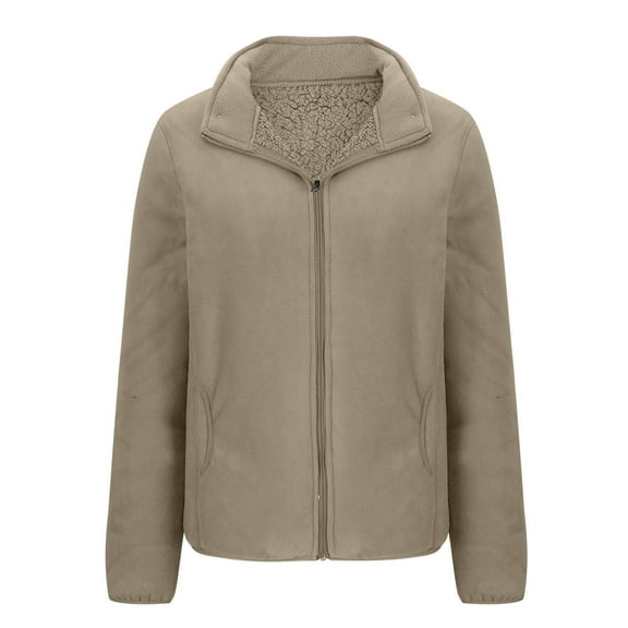 Kaliqueen Fleece Lined Jacket Women Full Zip Up No Hood Thicken Coat Casual Solid Color Fall Winter Jacket with Pockets