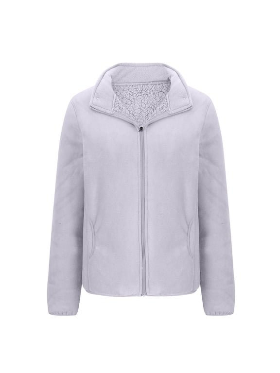 Fleece Lined Jacket Women Full Zip Up No Hood Thicken Coat Casual Solid Color Fall Winter Jacket with Pockets