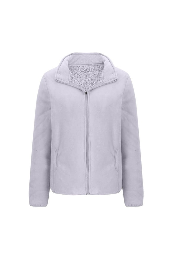 Fleece Lined Jacket Women Full Zip Up No Hood Thicken Coat Casual Solid Color Fall Winter Jacket with Pockets