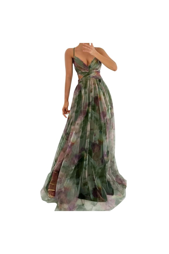 Floral Print Dresses for Women V-Neck Sleeveless Spaghetti Straps Tulle A Line Dresses Elegant Homecoming Cocktail Dress
