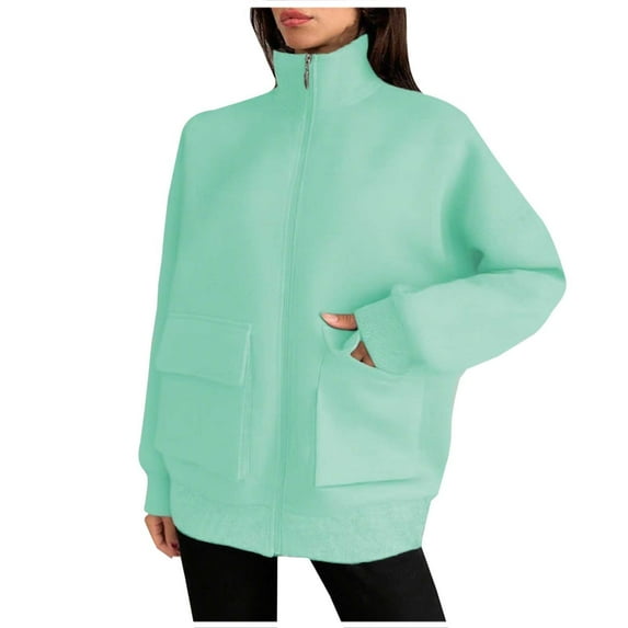 Kaliqueen Full Zip Up Sweatshirt Jackets Women Long Sleeve No Hood Collared Jacket with Pockets Casual Loose Streetwear Athletic Sweatshirts