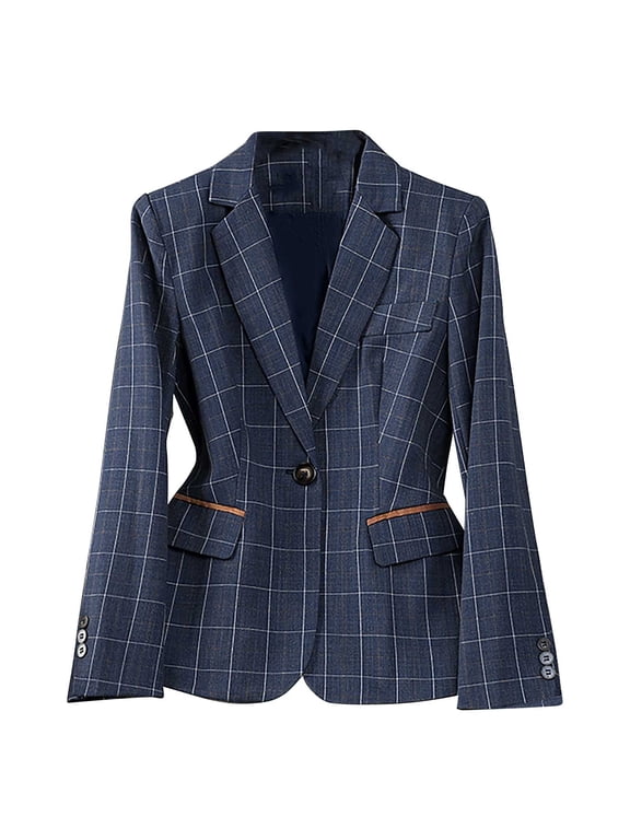 Long Sleeve Blazers for Women Plaid Houndstooth Cardigan Lapel Work Office Jacket with Pockets