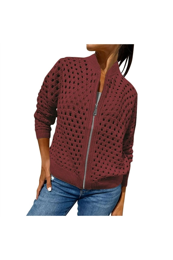 Long Sleeve Crochet Knit jackets for women Hollow Zip Up Lightweight Sweaters Open Front Casual Fall Cropped Clothes