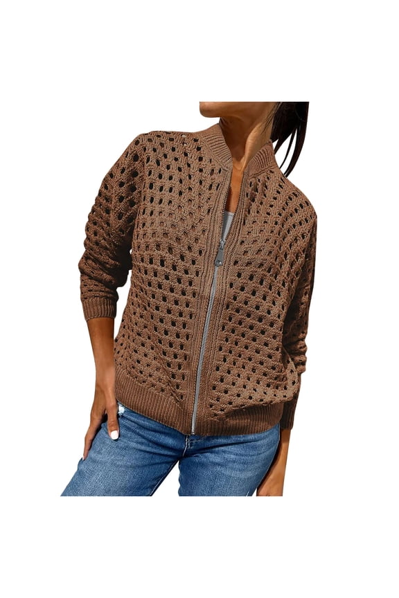 Long Sleeve Crochet Knit jackets for women Hollow Zip Up Lightweight Sweaters Open Front Casual Fall Cropped Clothes