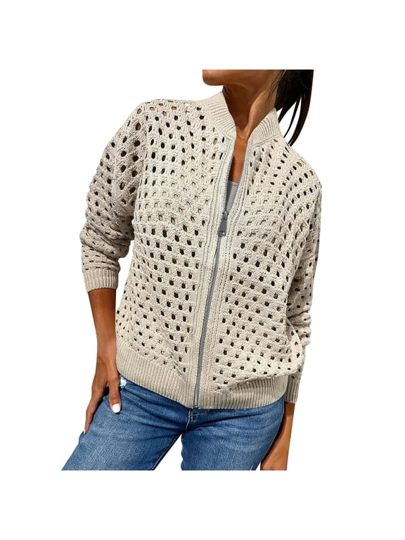 Long Sleeve Crochet Knit jackets for women Hollow Zip Up Lightweight Sweaters Open Front Casual Fall Cropped Clothes