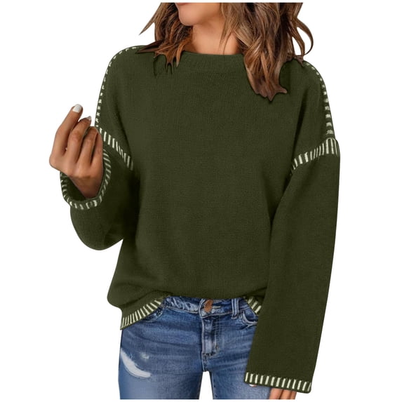 Kaliqueen Oversized Crewneck Sweaters for Women Long Sleeve Colorblock Striped Knit Pullover Tops Solid Color Fall 2025 Fashion Casual Sweaters