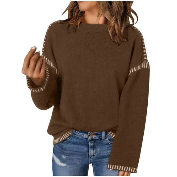 Kaliqueen Oversized Crewneck Sweaters for Women Long Sleeve Colorblock Striped Knit Pullover Tops Solid Color Fall 2025 Fashion Casual Sweaters