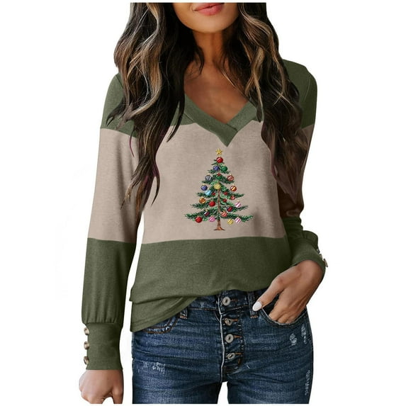Kaliqueen Oversized Tshirts for Women V Neck Christmas Tree Print Long Sleeve Shirts for Women Basic Color Block Loose Casual Shirts for Women