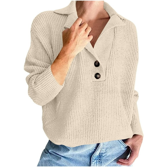 Kilaqueen Sweaters for Women V-Neck Collared Button Knitted Ribbed Pullover Dressy Casual Long Sleeve Shirts