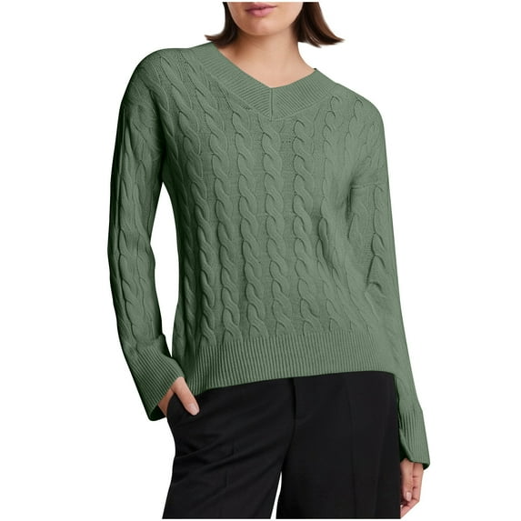 Kaliqueen V Neck Cable Knit Sweaters for Women Long Sleeve Ribbed Fitted Solid Color Pullover Tops Casual Fall Trendy Sweaters