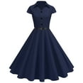 thumbnail image 1 of Kaliqueen Vintage 1950s Fall Dresses for Women Short Sleeve Lapel V-Neck Solid-Color Swing Dresses Belted Slim-Fit Full-Skirt Dress, 1 of 7