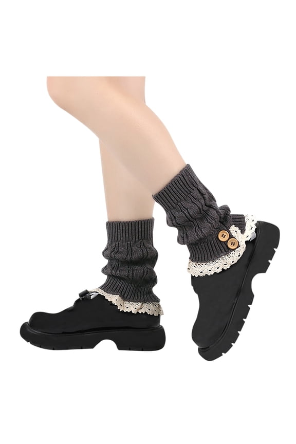 Women Cable Knitted Leg Warmers Lace Trim Double Button Short Leg Cuffs Boot Winter Warmers