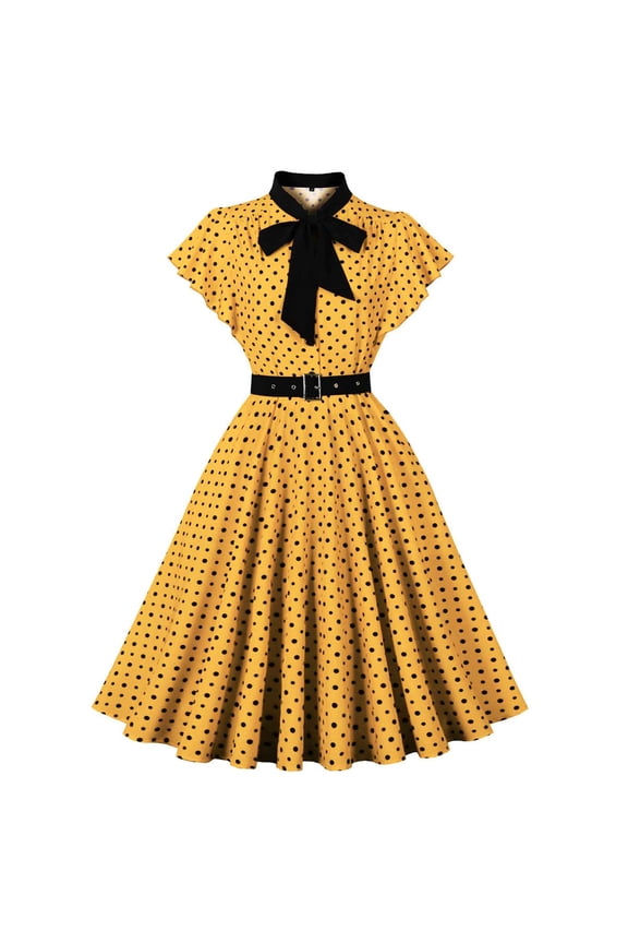 Women Lapel Short Sleeve Vintage Dress 50s 60s Polka Dot Print Button-Up A-Line Dress Casual Wedding Cocktail Midi Swing Dresses