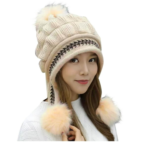 Kaliqueen Women Winter Beanie Hat Circle Scarf Set Pompoms Warm Fleece Lined Long Ear Straps Snow Ski Cap