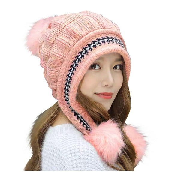 Kaliqueen Women Winter Beanie Hat Circle Scarf Set Pompoms Warm Fleece Lined Long Ear Straps Snow Ski Cap