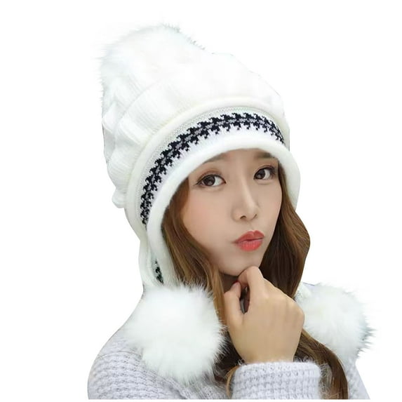 Kaliqueen Women Winter Beanie Hat Circle Scarf Set Pompoms Warm Fleece Lined Long Ear Straps Snow Ski Cap