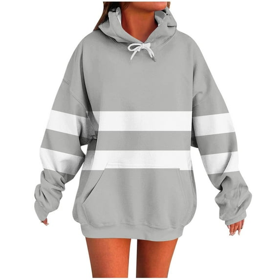 Kaliqueen Women's 2025 Striped Oversized Sweatshirt Color Block Crewneck Long Sleeve Hoodies with Pockets Drawstring Fall Fashion Pullover Tops with Pockets