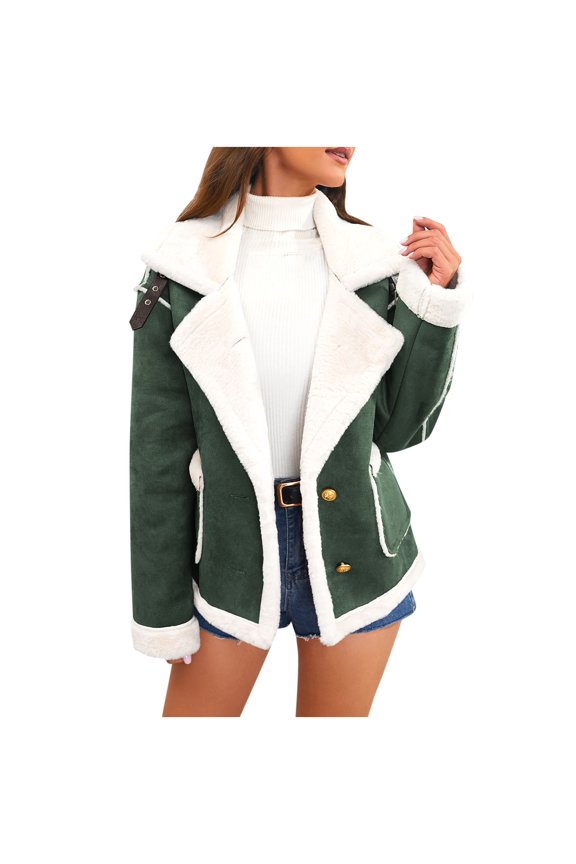 Women's Fleece Lining Jackets Warm Winter Solid Color Cardigan Button Jacket Trendy Notched Lapel Loog Sleeve Outerwear with Pockets